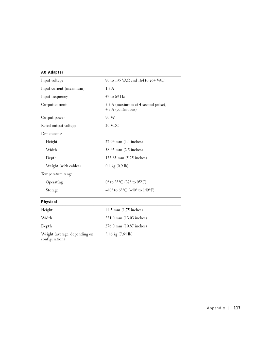 Dell 8200 owner manual AC Adapter, Physical, Appendix 117 