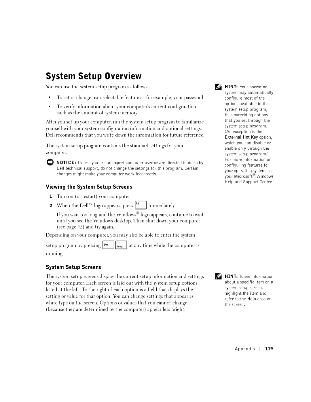 Dell 8200 owner manual System Setup Overview, Viewing the System Setup Screens, Appendix 119 