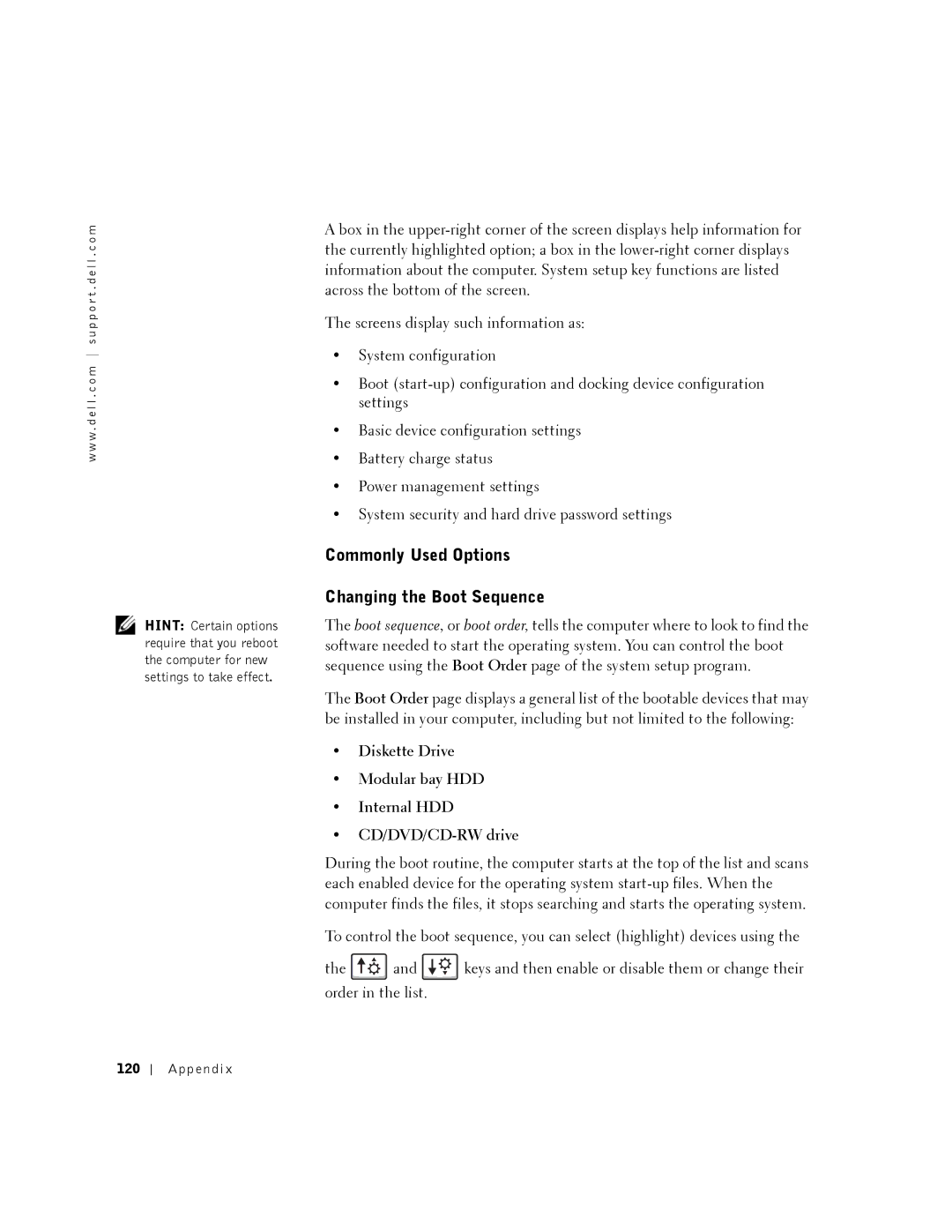 Dell 8200 owner manual Commonly Used Options Changing the Boot Sequence, Appendix 