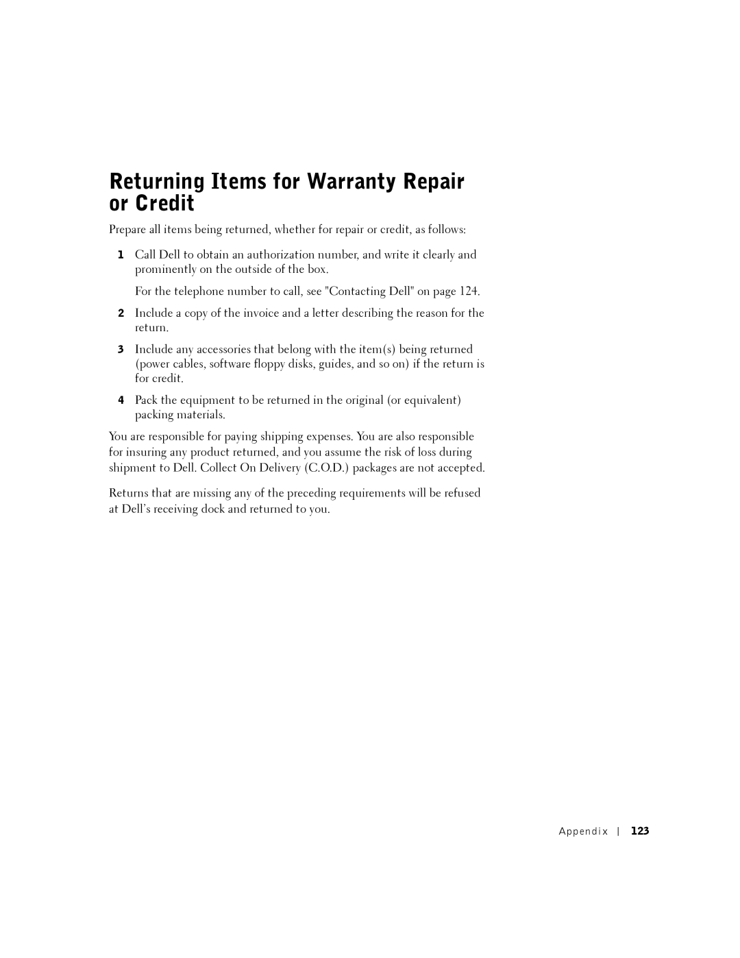 Dell 8200 owner manual Returning Items for Warranty Repair or Credit, Appendix 123 