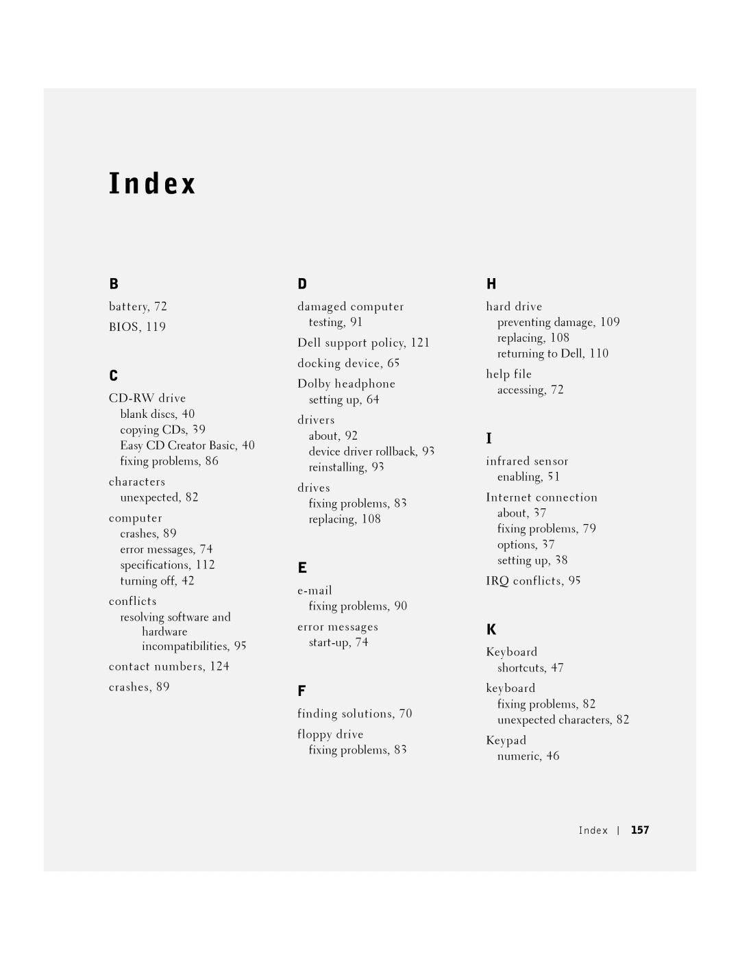 Dell 8200 owner manual D ex, Index 157 