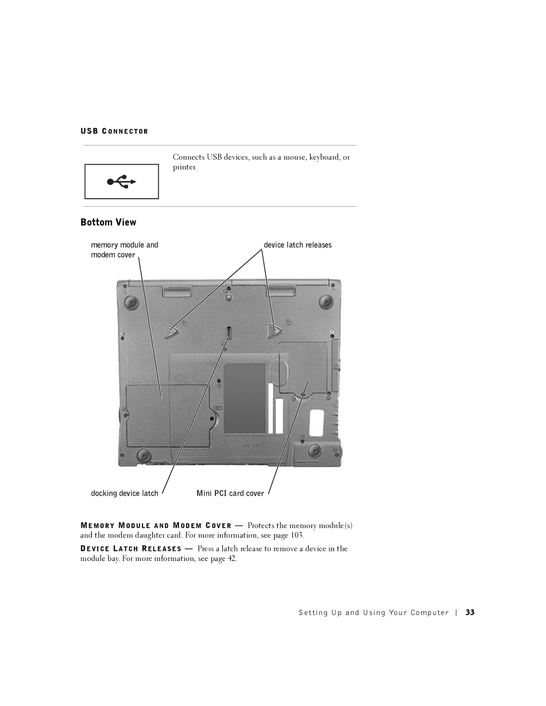 Dell 8200 owner manual Bottom View, Modem cover Docking device latch 