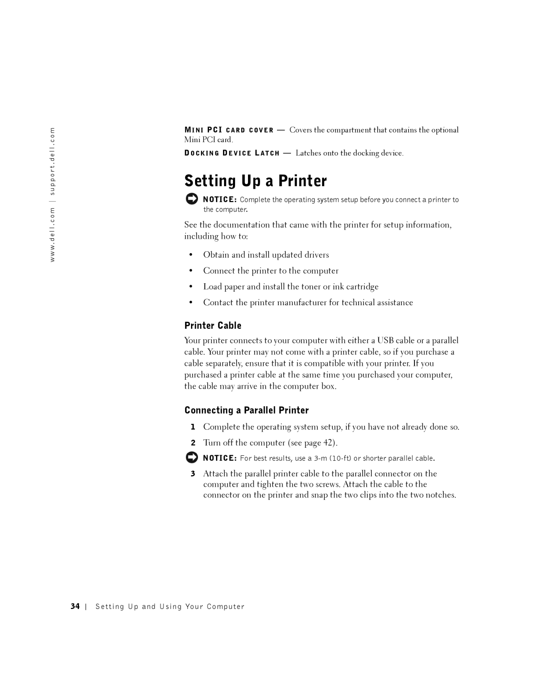 Dell 8200 owner manual Setting Up a Printer, Printer Cable, Connecting a Parallel Printer 