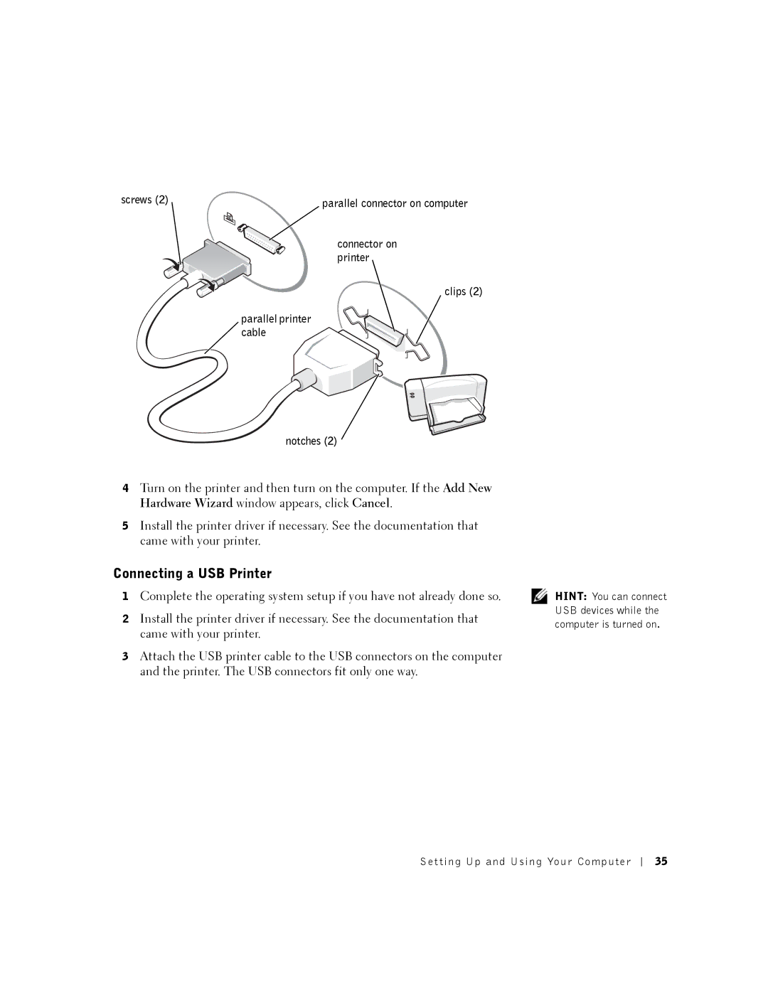 Dell 8200 owner manual Connecting a USB Printer 