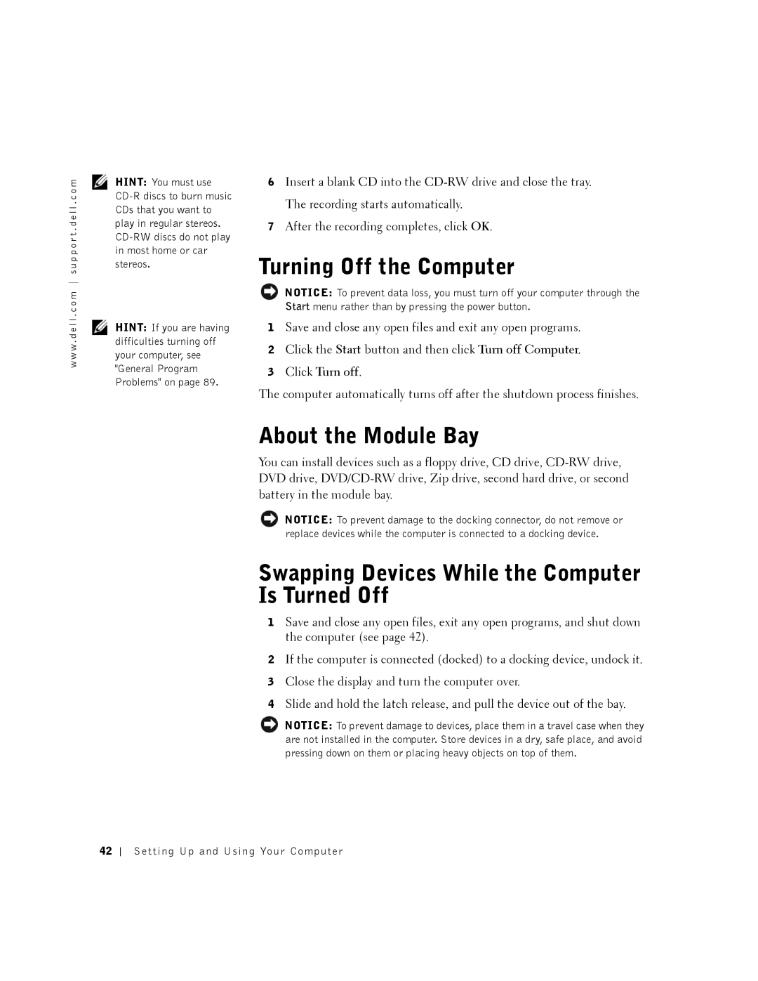 Dell 8200 owner manual Turning Off the Computer, About the Module Bay, Swapping Devices While the Computer Is Turned Off 