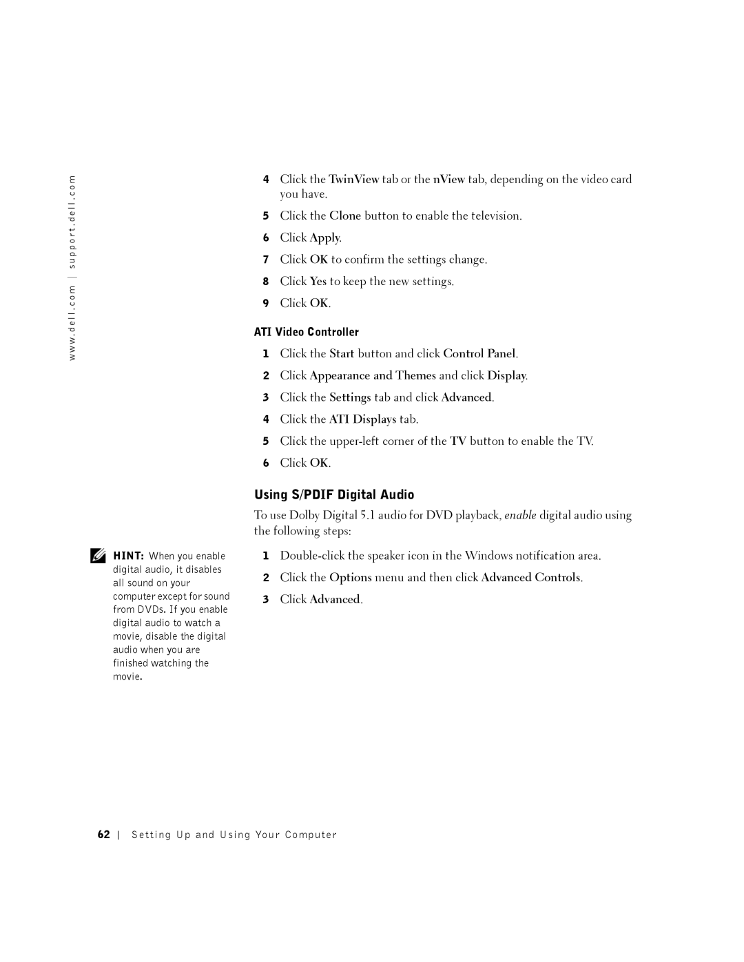 Dell 8200 owner manual Using S/PDIF Digital Audio, ATI Video Controller 