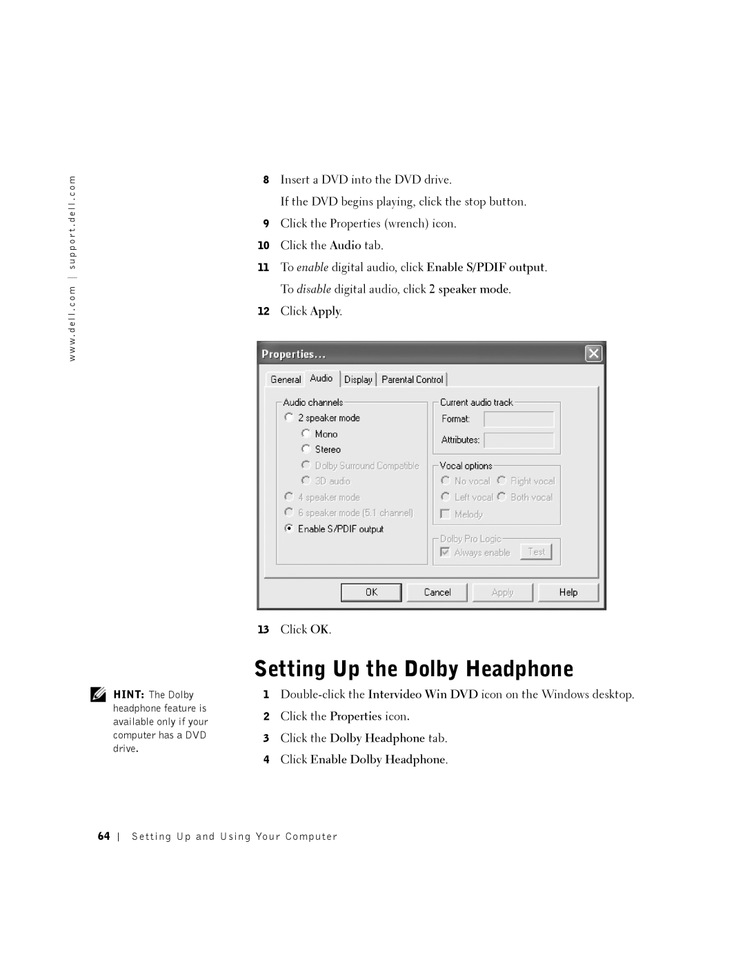 Dell 8200 owner manual Setting Up the Dolby Headphone, Click the Dolby Headphone tab Click Enable Dolby Headphone 