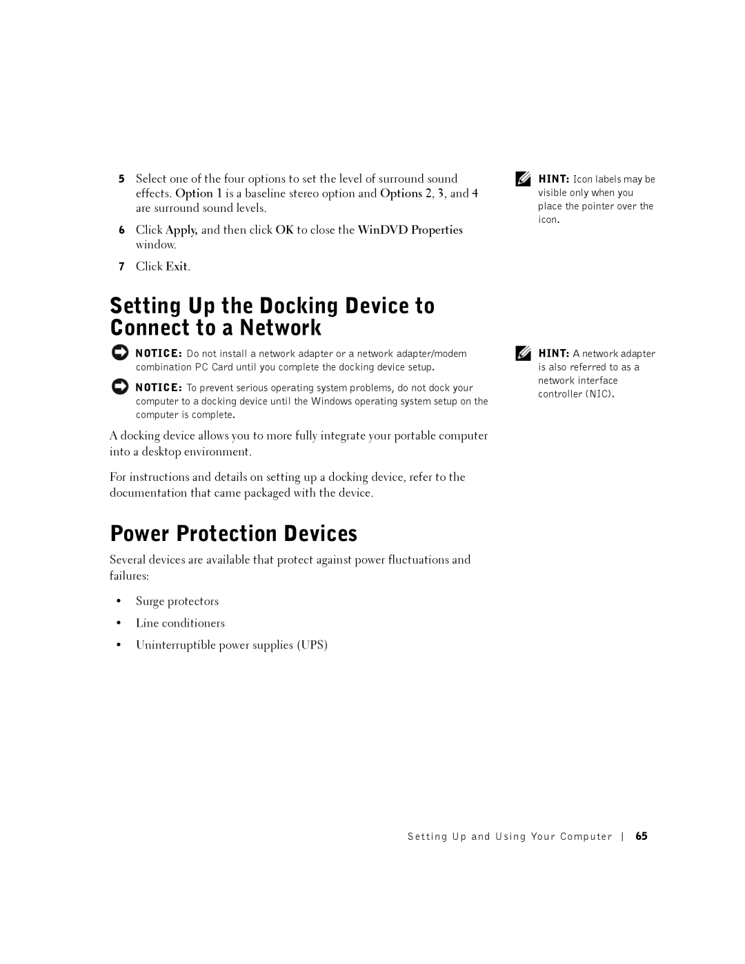 Dell 8200 owner manual Setting Up the Docking Device to Connect to a Network, Power Protection Devices 