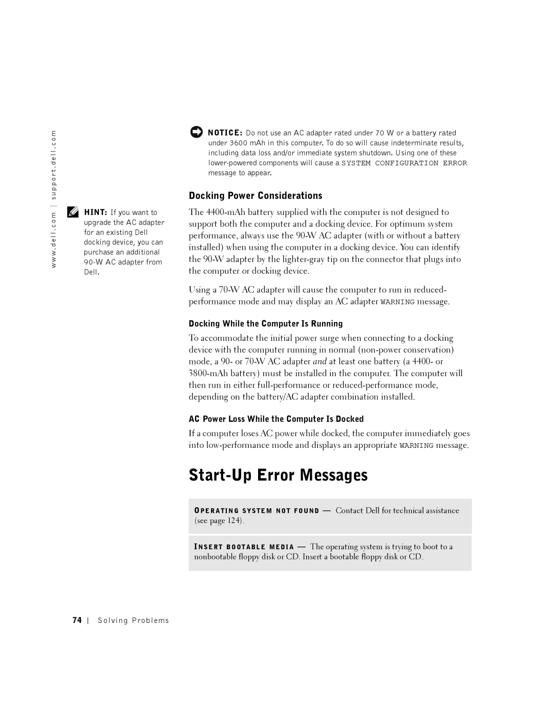 Dell 8200 owner manual Start-Up Error Messages, Docking Power Considerations, Docking While the Computer Is Running 