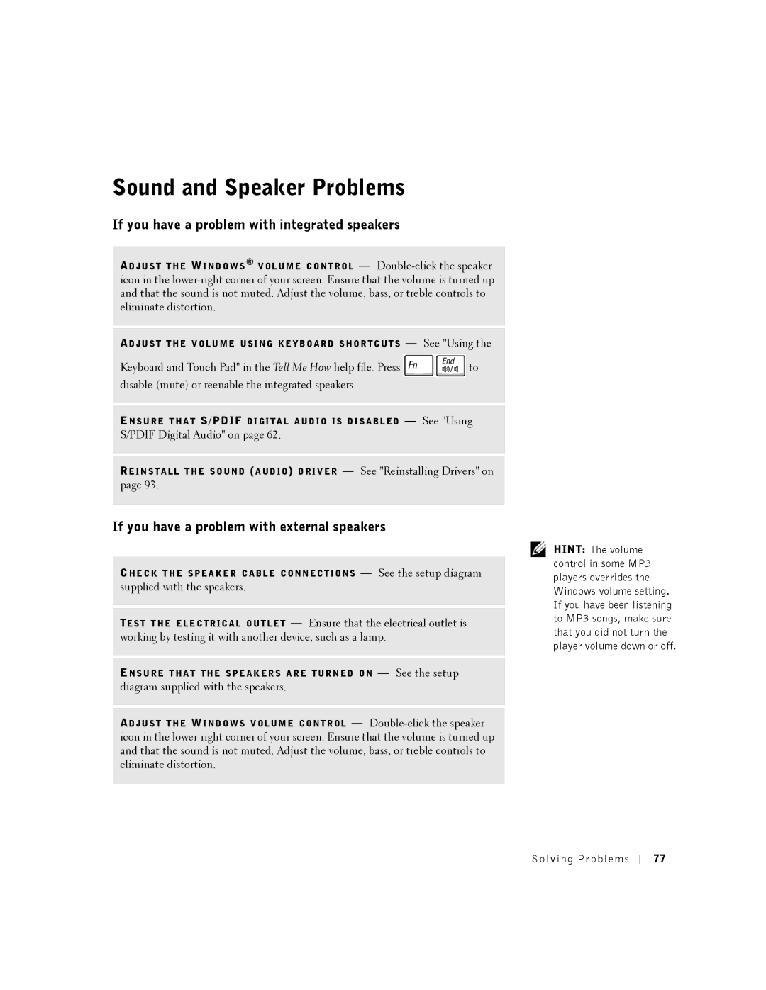 Dell 8200 owner manual Sound and Speaker Problems, If you have a problem with integrated speakers 