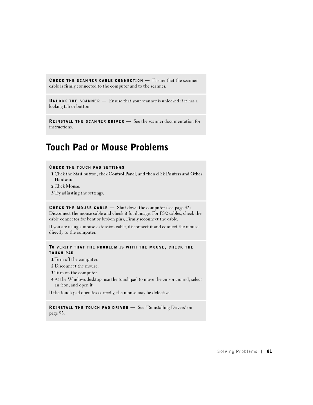 Dell 8200 owner manual Touch Pad or Mouse Problems 