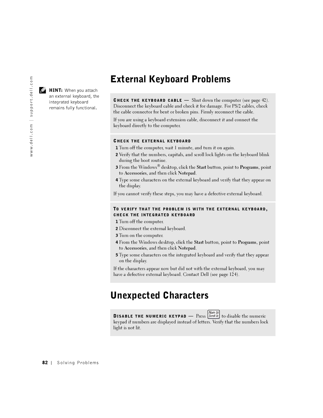 Dell 8200 owner manual External Keyboard Problems, Unexpected Characters 