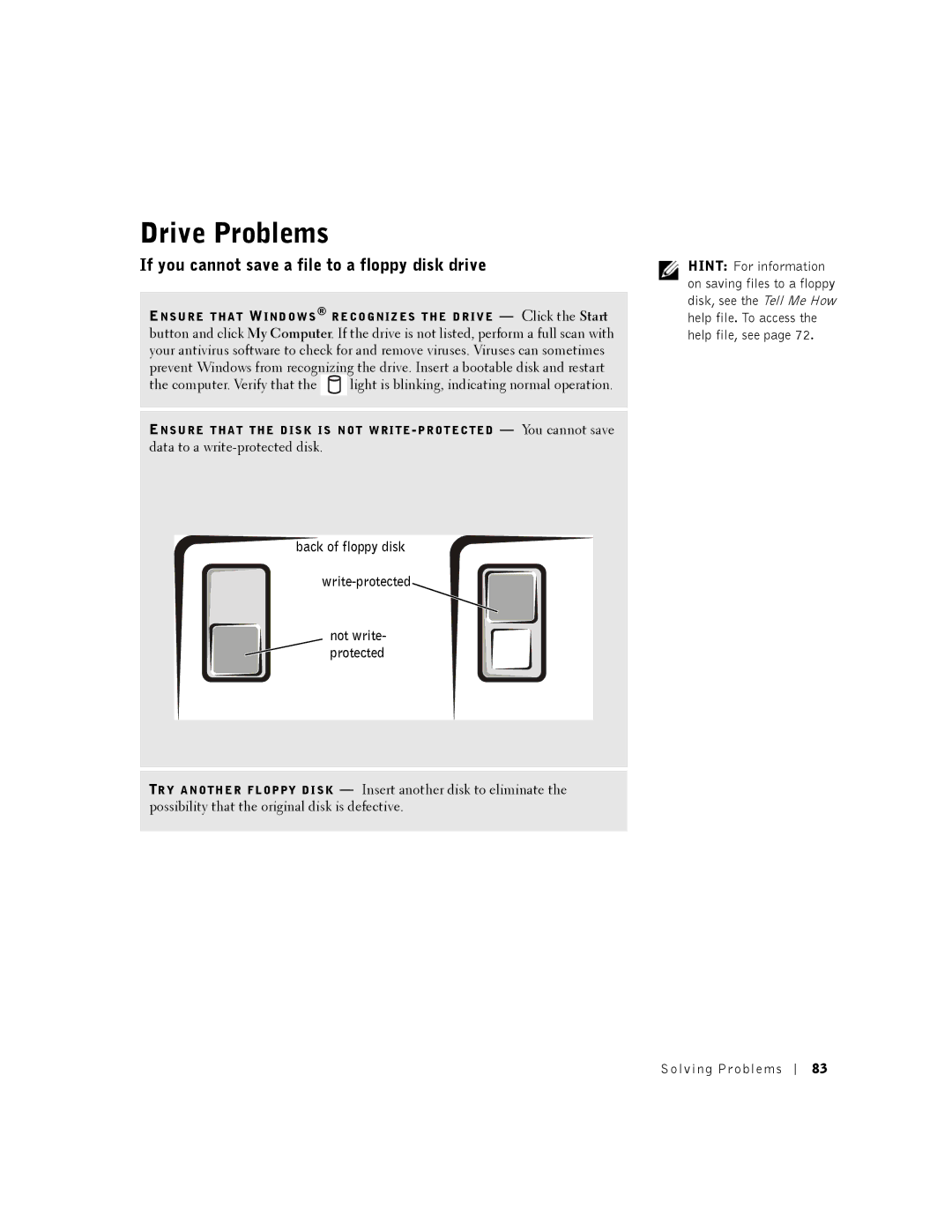 Dell 8200 owner manual Drive Problems, If you cannot save a file to a floppy disk drive 