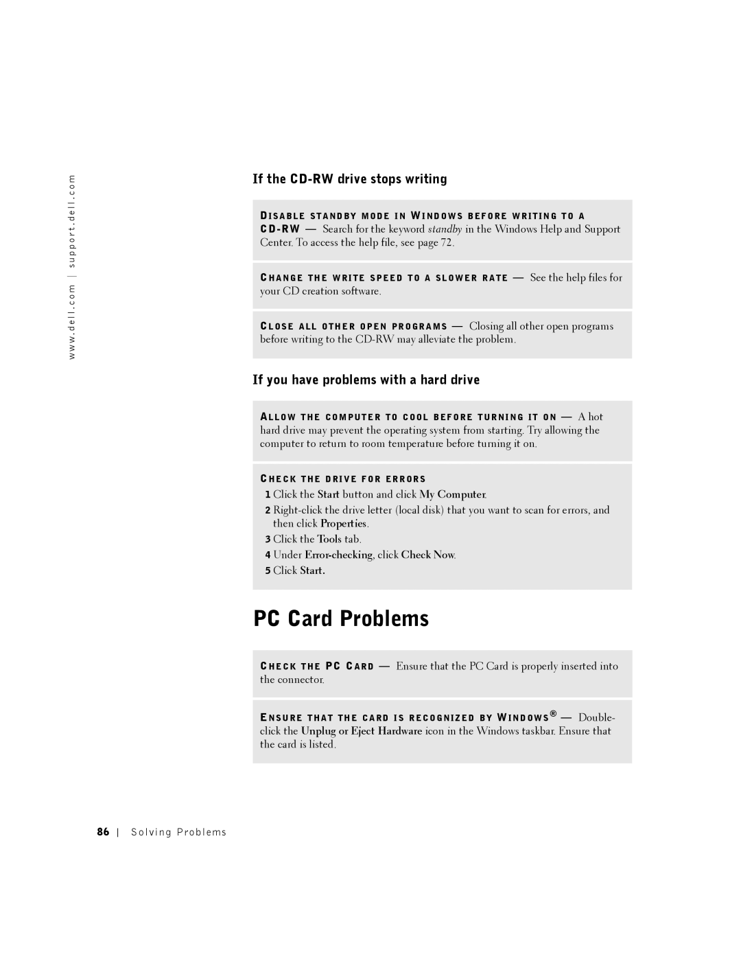 Dell 8200 owner manual PC Card Problems, If the CD-RW drive stops writing, If you have problems with a hard drive 