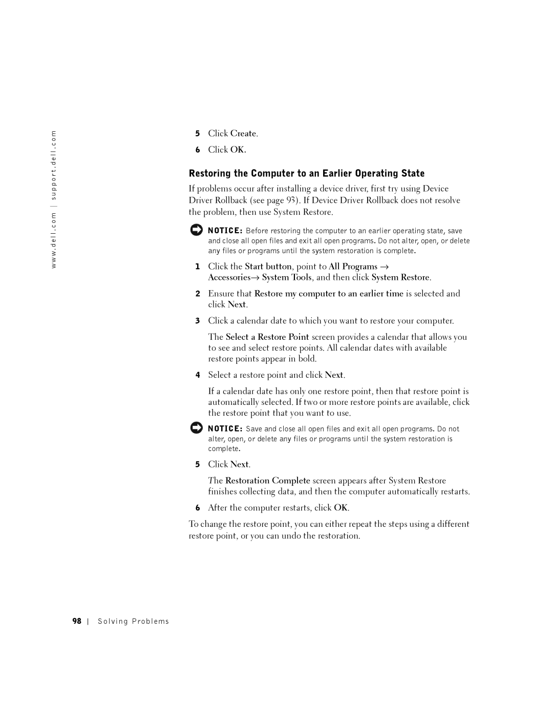 Dell 8200 owner manual Restoring the Computer to an Earlier Operating State 