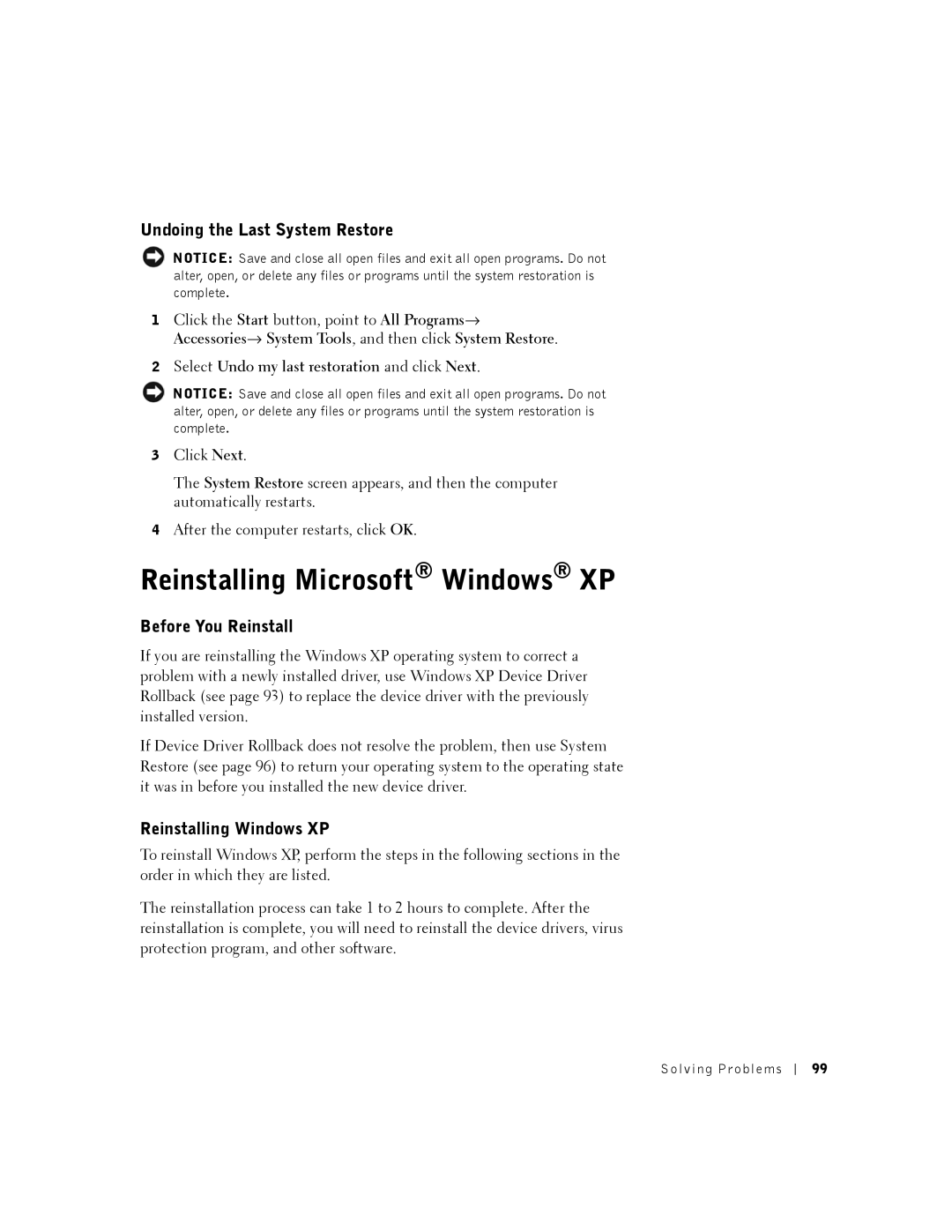 Dell 8200 owner manual Reinstalling Microsoft Windows XP, Undoing the Last System Restore, Before You Reinstall 