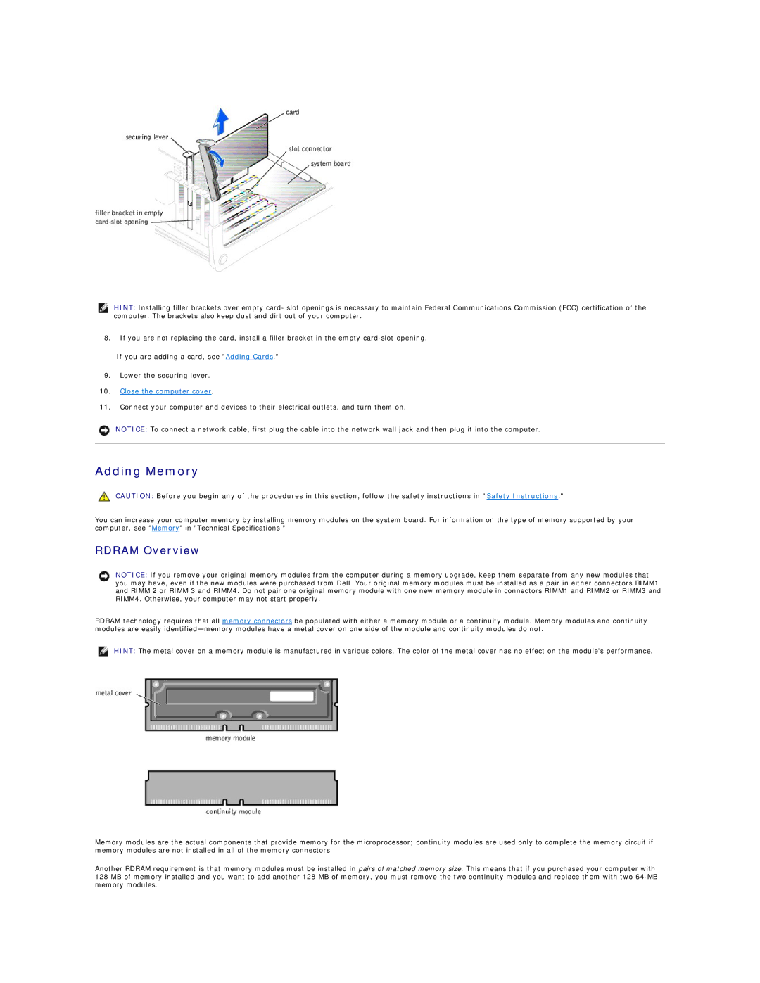 Dell 8200 technical specifications Adding Memory, Rdram Overview 