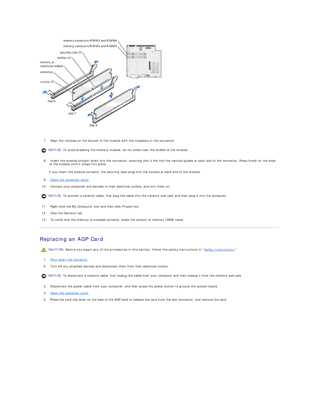 Dell 8200 technical specifications Replacing an AGP Card 