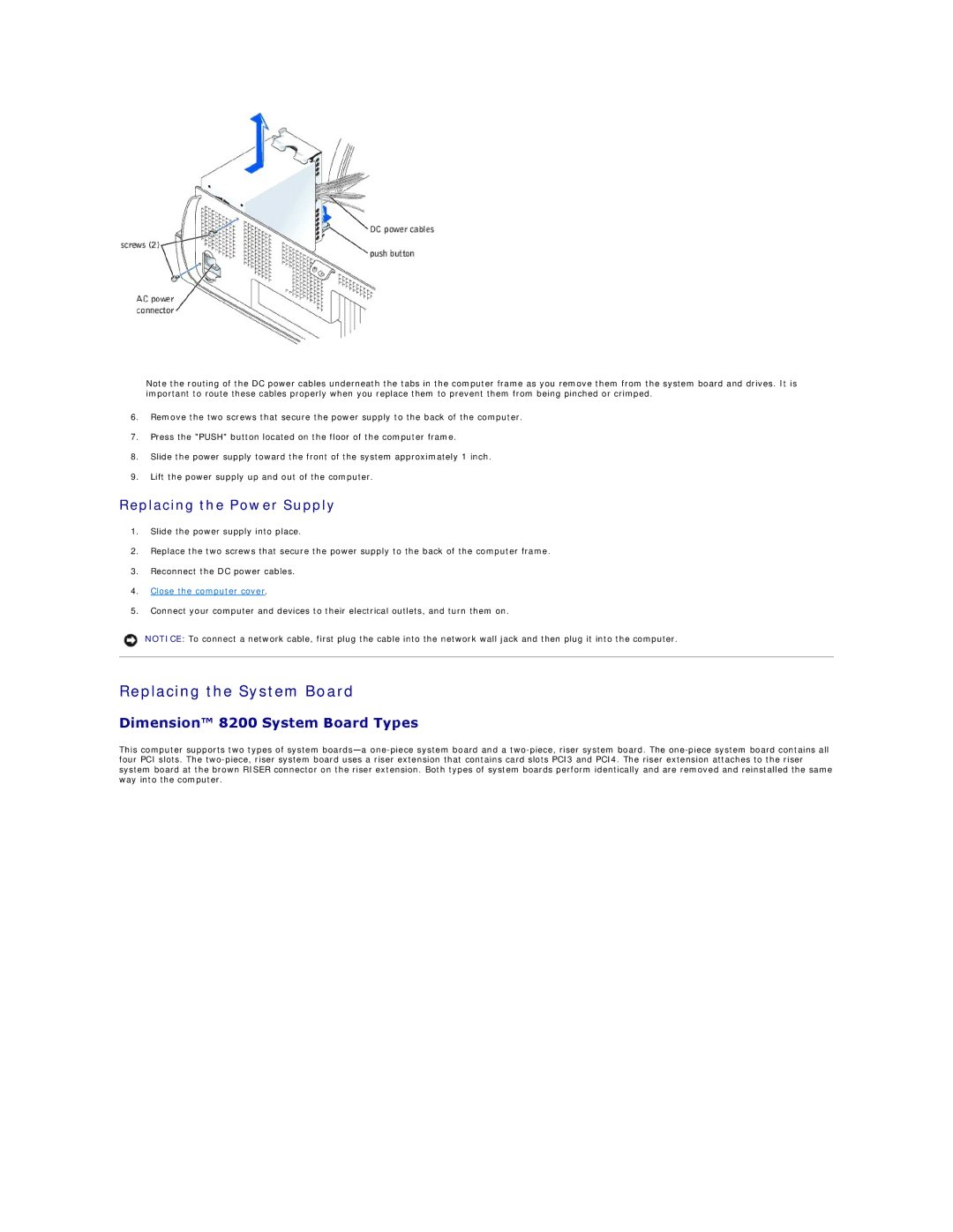 Dell technical specifications Replacing the System Board, Replacing the Power Supply, Dimension 8200 System Board Types 