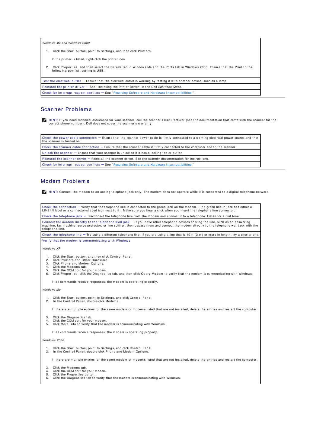 Dell 8200 technical specifications Scanner Problems, Modem Problems, Verify that the modem is communicating with Windows 