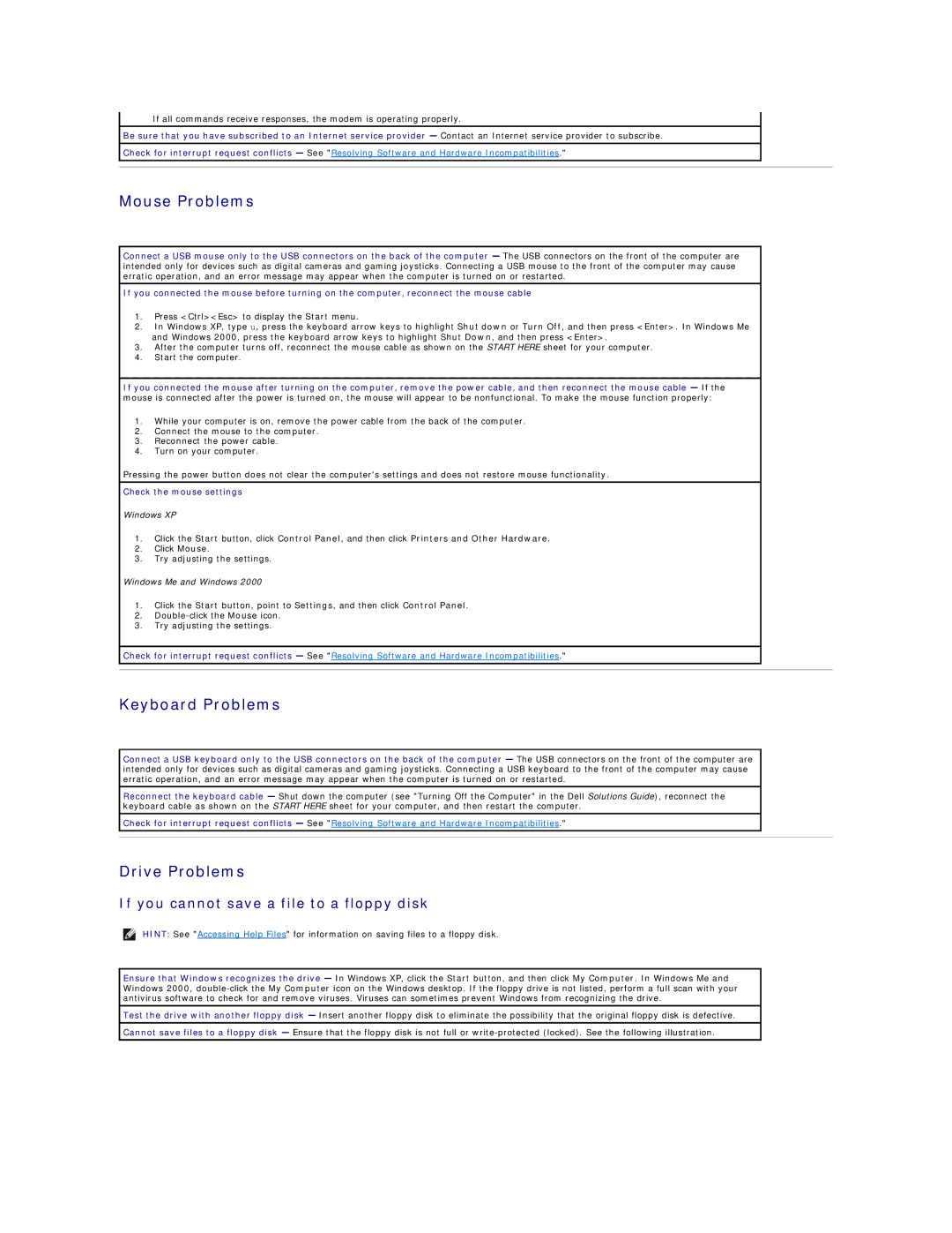 Dell 8200 Mouse Problems, Keyboard Problems, Drive Problems, If you cannot save a file to a floppy disk 