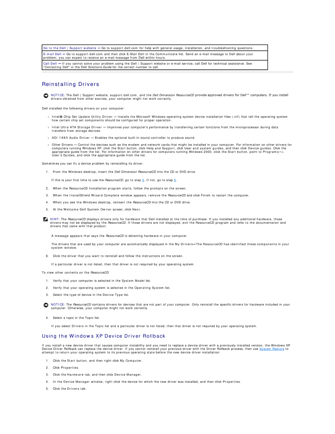 Dell 8200 technical specifications Reinstalling Drivers, Using the Windows XP Device Driver Rollback, Click Properties 