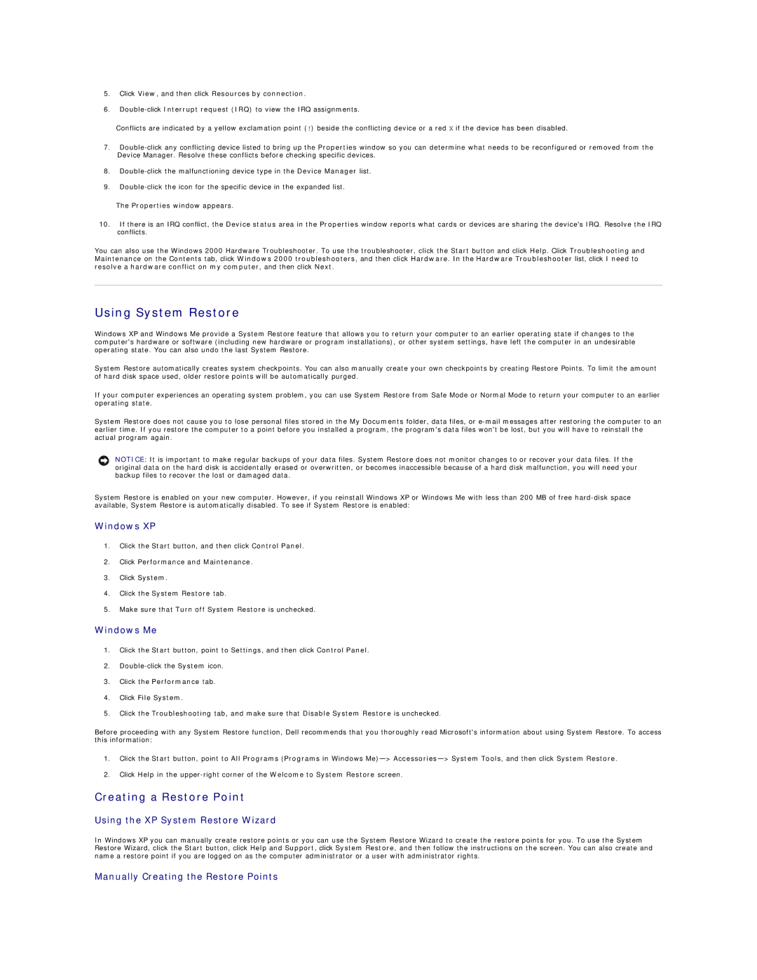 Dell 8200 technical specifications Using System Restore, Creating a Restore Point 