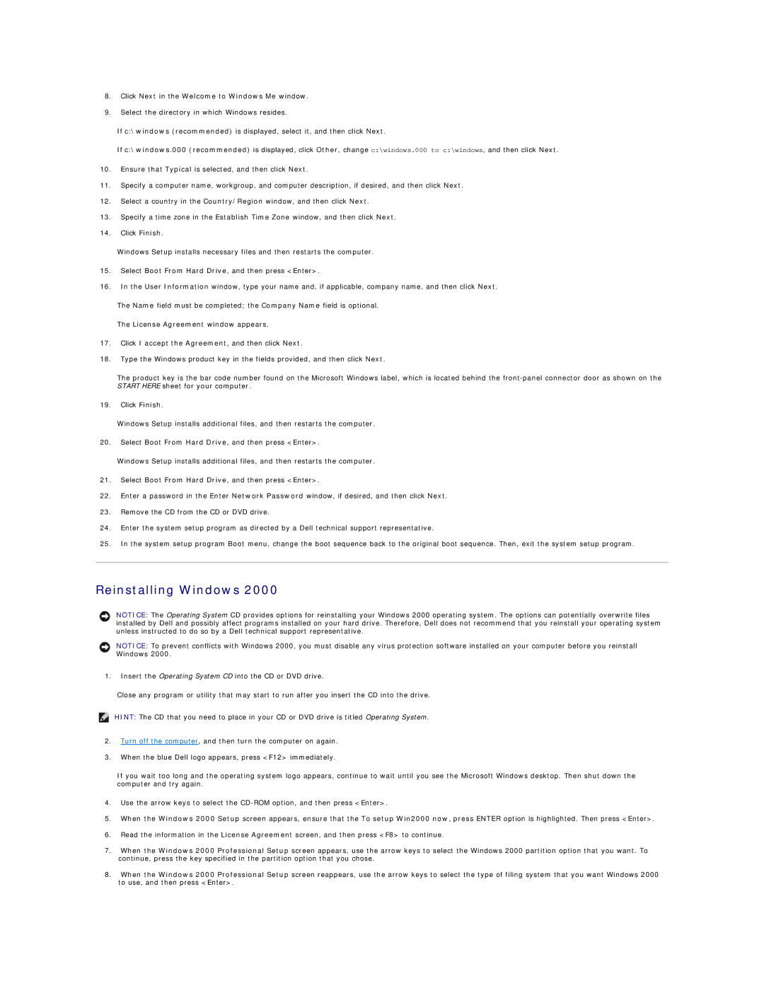 Dell 8200 technical specifications Reinstalling Windows, Click Next in the Welcome to Windows Me window 