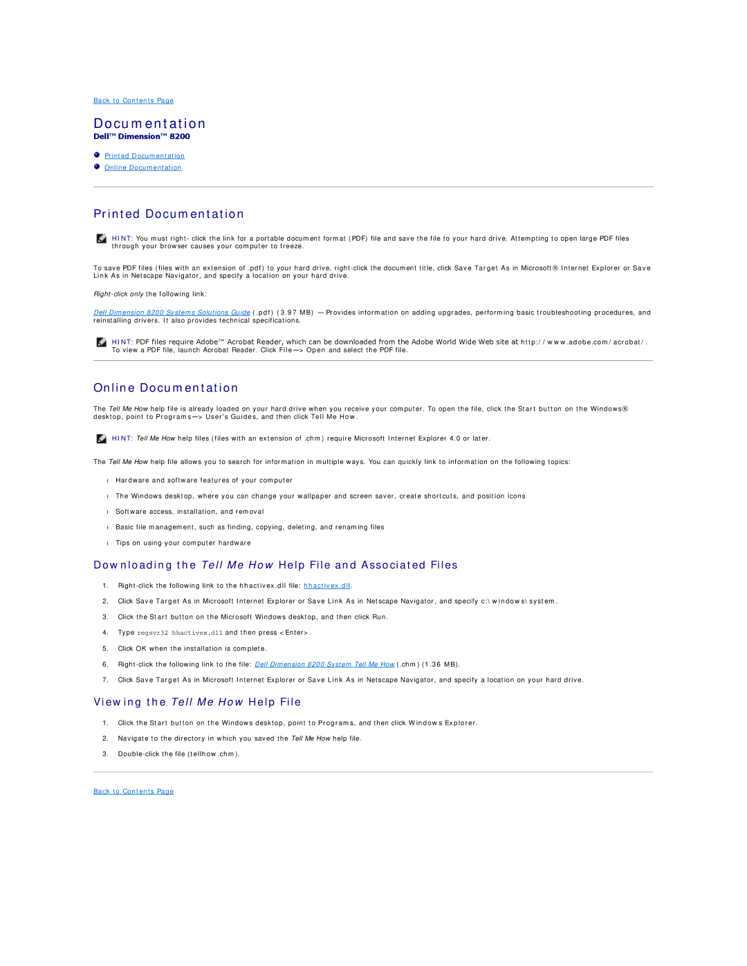 Dell 8200 Printed Documentation, Online Documentation, Downloading the Tell Me How Help File and Associated Files 