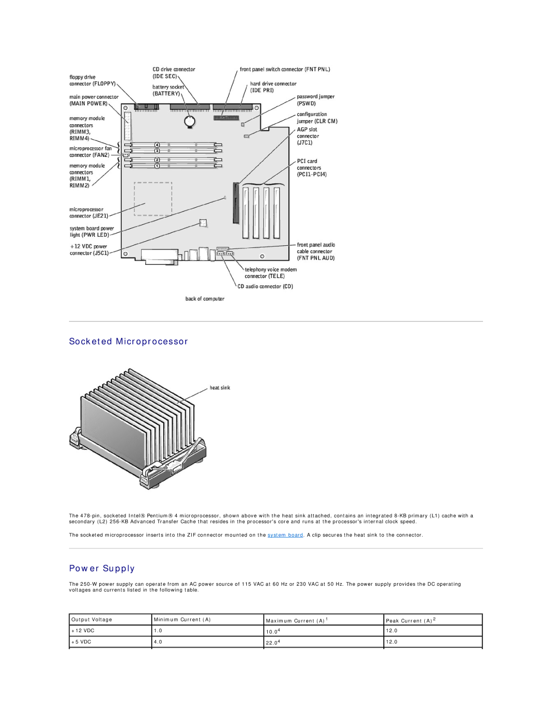 Dell 8200 technical specifications Socketed Microprocessor, Power Supply 