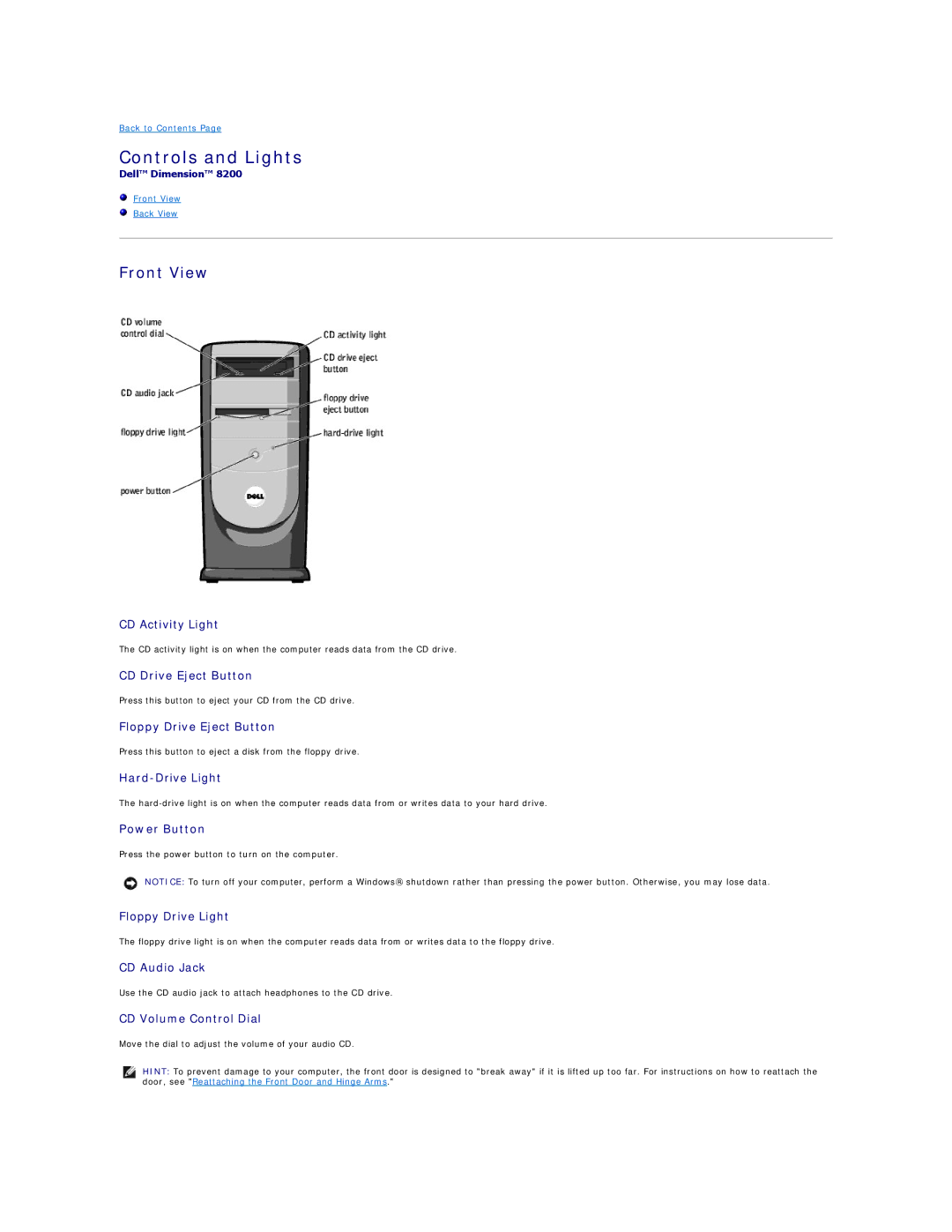 Dell 8200 technical specifications Controls and Lights, Front View 