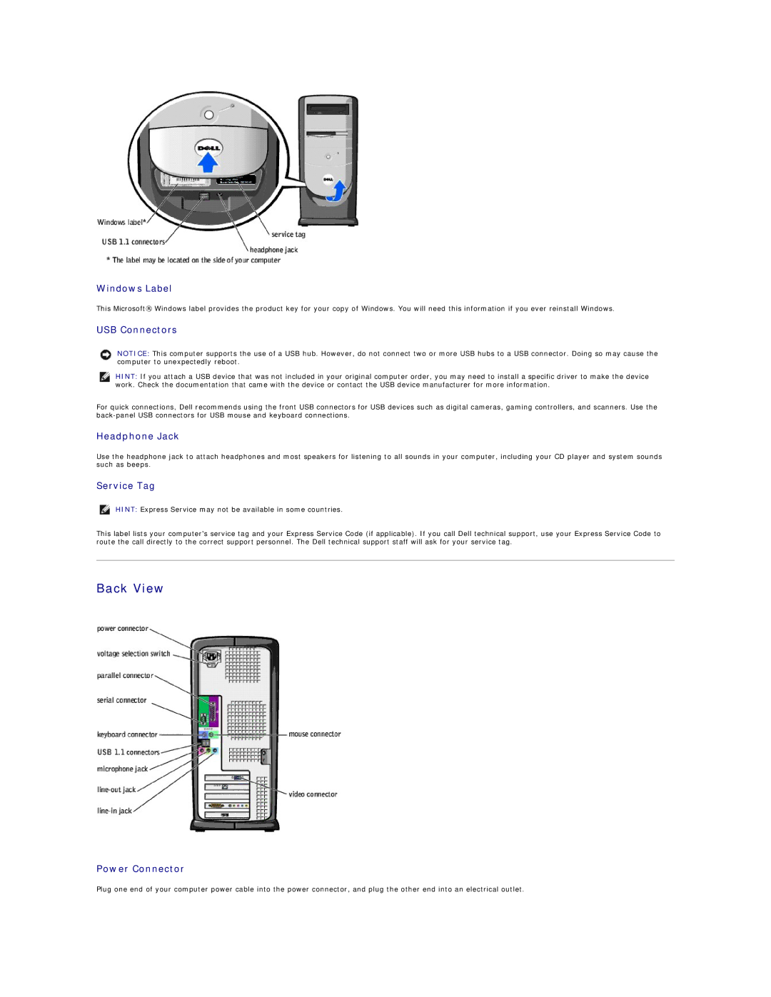 Dell 8200 technical specifications Back View, Windows Label 