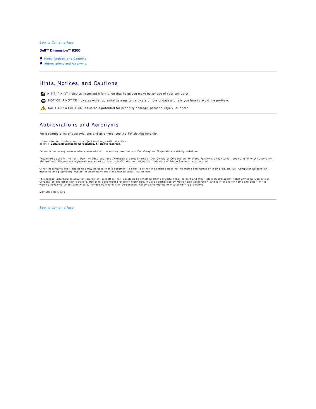 Dell 8200 technical specifications Hints, Notices, and Cautions Abbreviations and Acronyms 