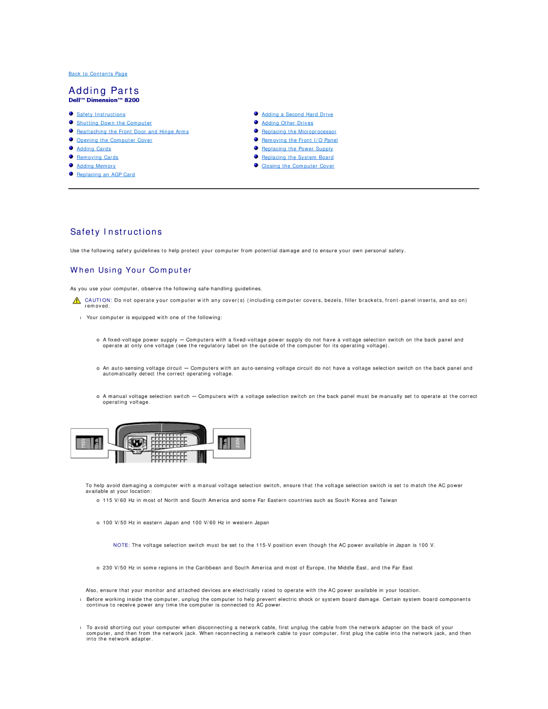 Dell 8200 technical specifications Adding Parts, Safety Instructions, When Using Your Computer 