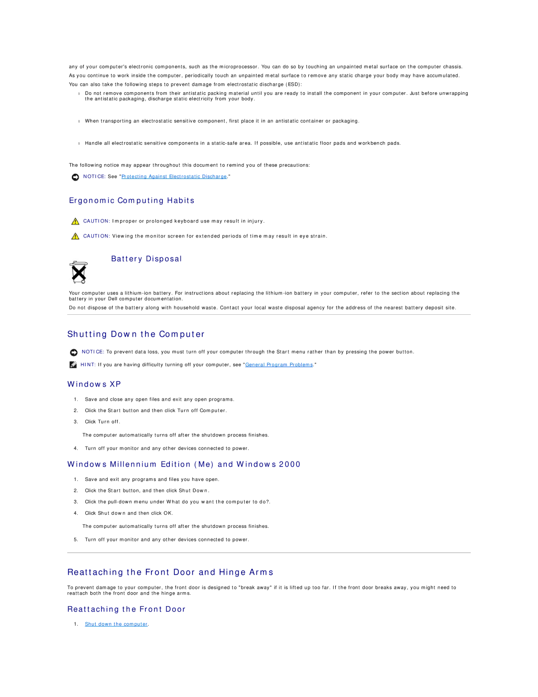 Dell 8200 technical specifications Shutting Down the Computer, Reattaching the Front Door and Hinge Arms 