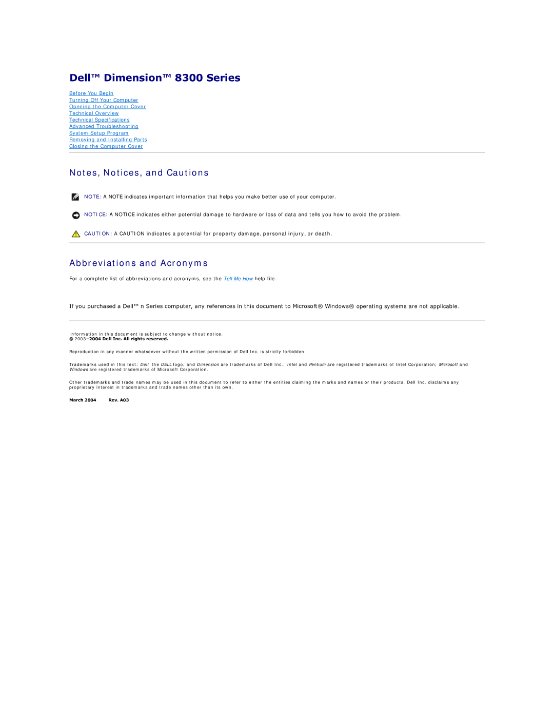 Dell technical specifications Dell Dimension 8300 Series, Abbreviations and Acronyms 