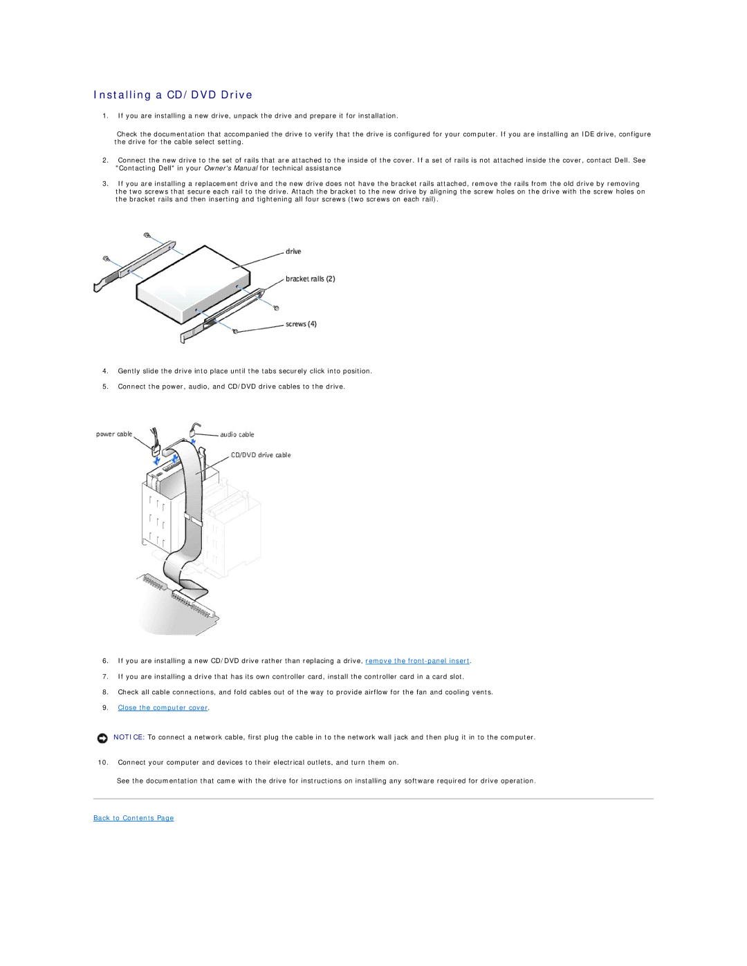 Dell 8300 technical specifications Installing a CD/DVD Drive, Back to Contents 