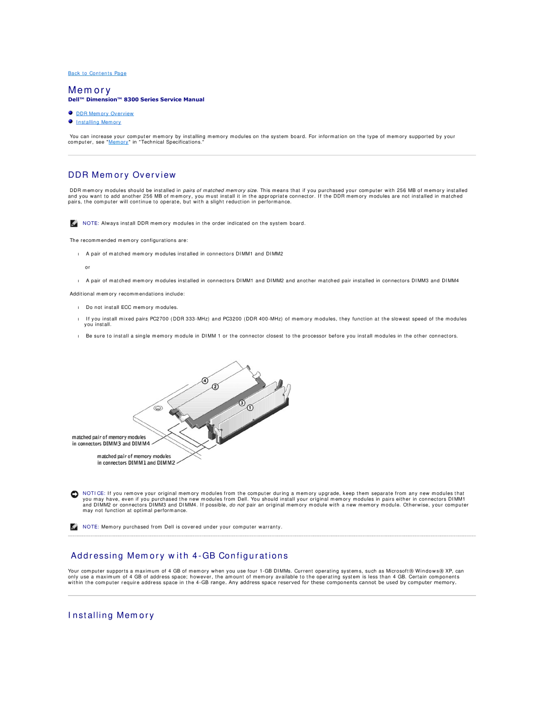 Dell 8300 technical specifications DDR Memory Overview, Addressing Memory with 4-GB Configurations, Installing Memory 