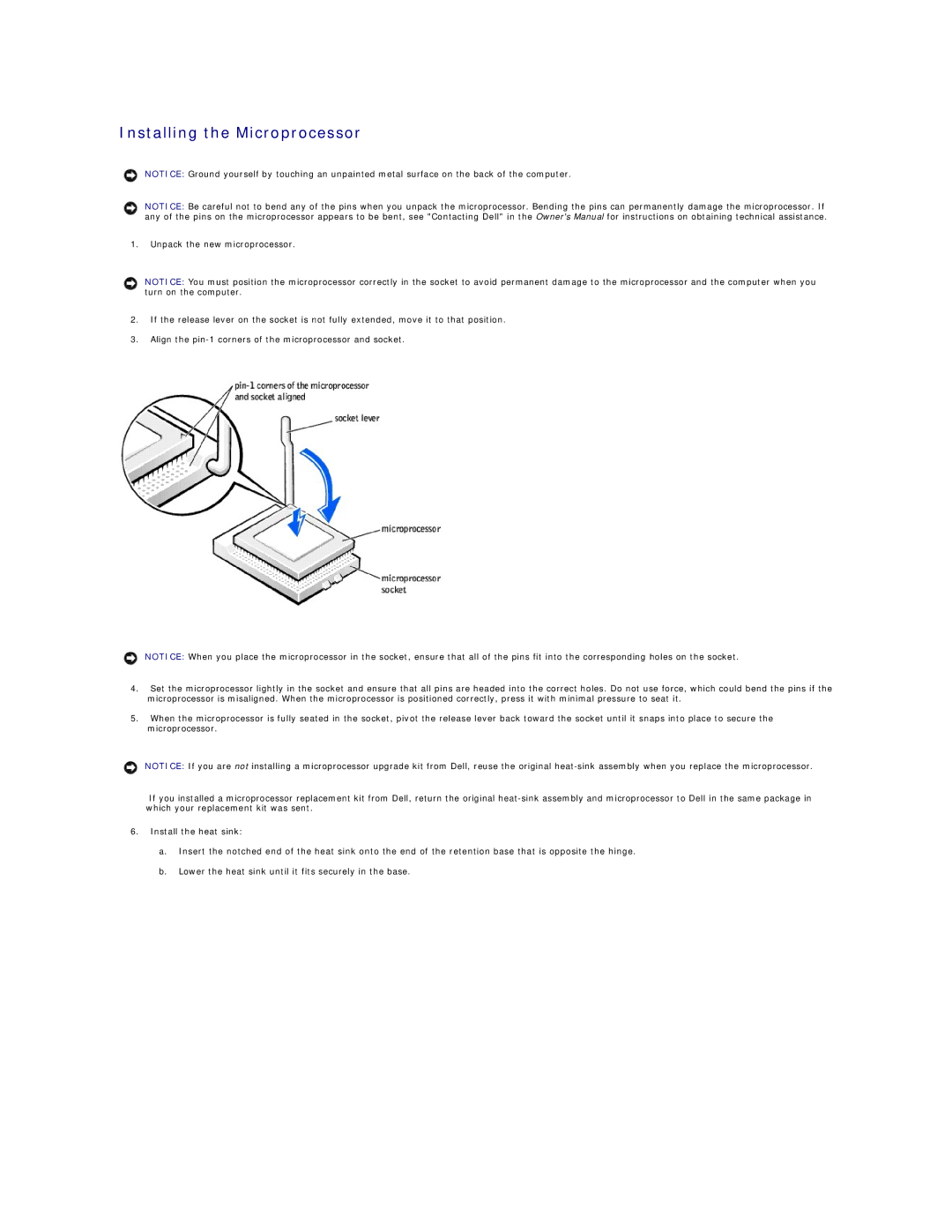 Dell 8300 technical specifications Installing the Microprocessor 