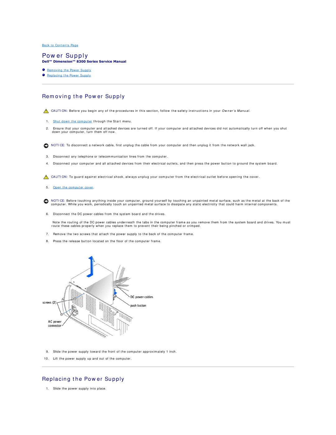 Dell 8300 technical specifications Removing the Power Supply Replacing the Power Supply 