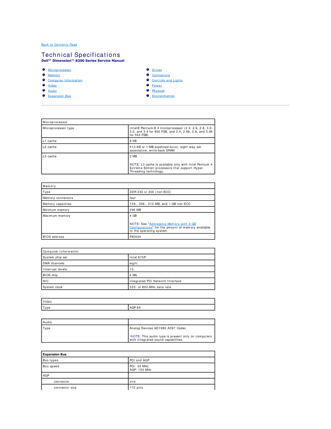 Dell 8300 technical specifications Technical Specifications 