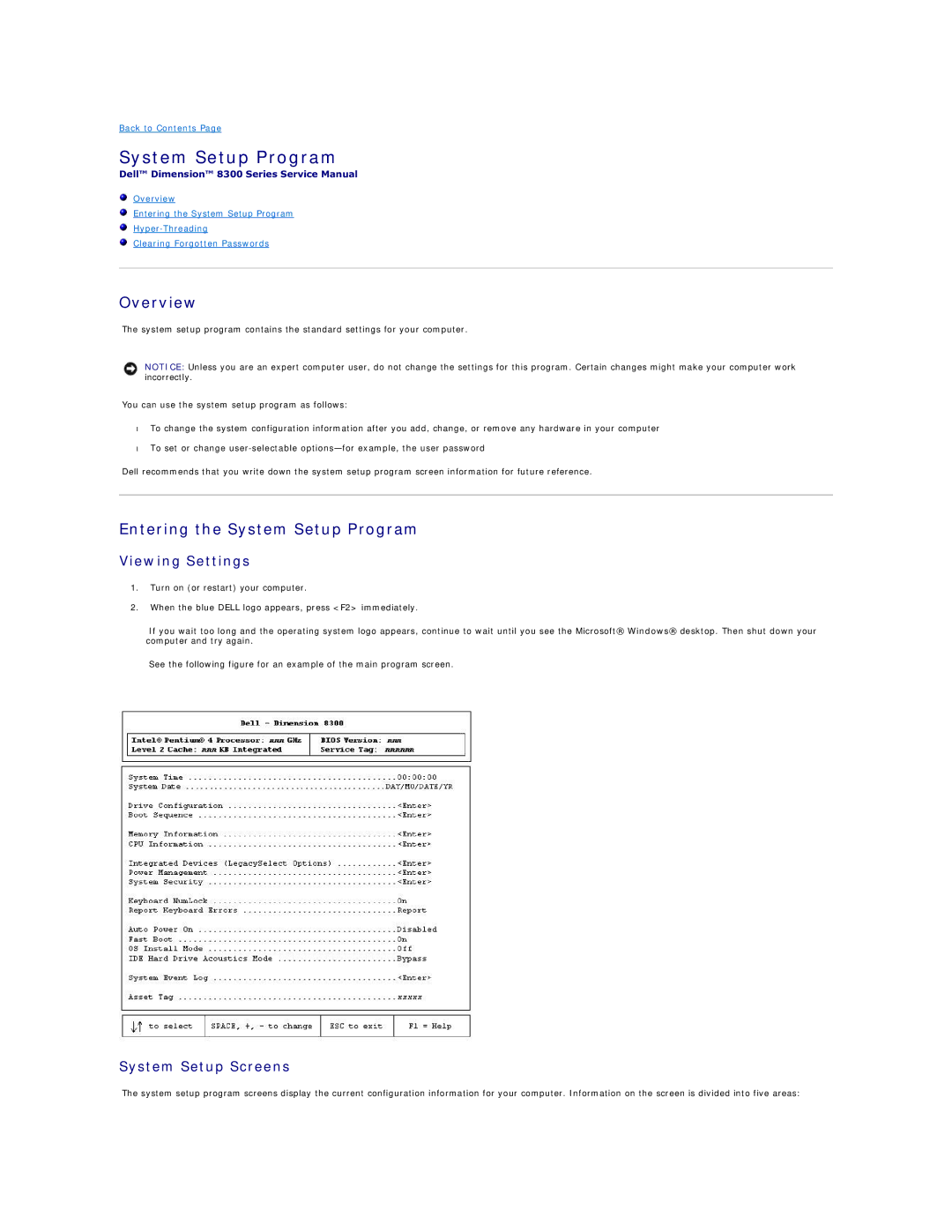 Dell 8300 technical specifications Overview, Entering the System Setup Program, Viewing Settings, System Setup Screens 