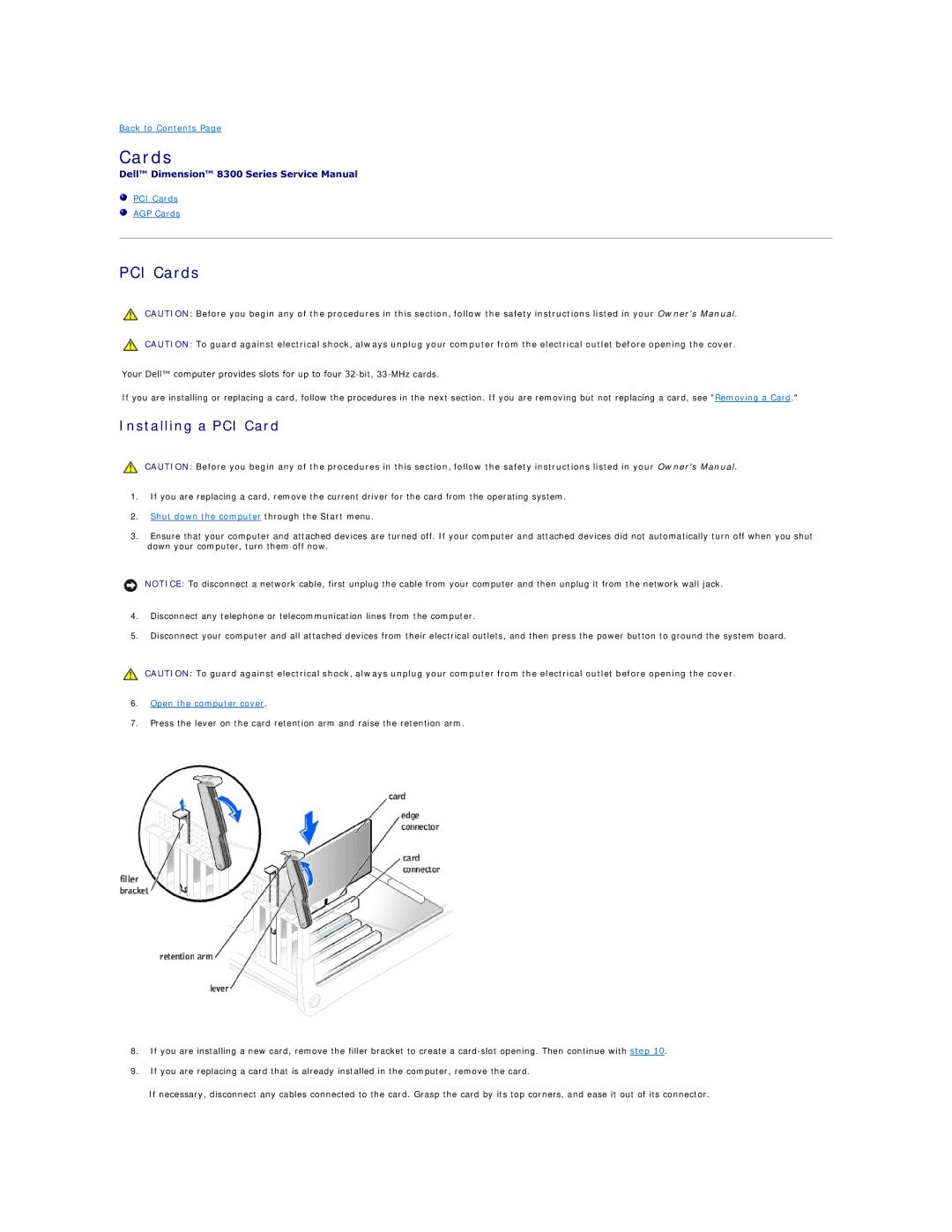 Dell 8300 technical specifications Installing a PCI Card, PCI Cards AGP Cards 