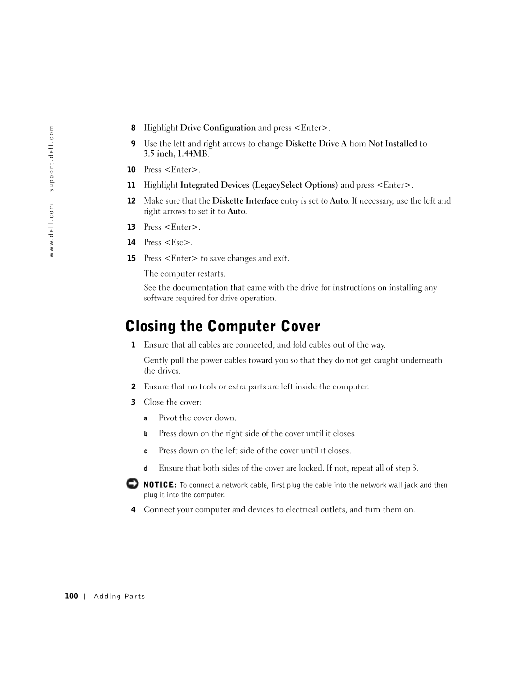 Dell 8300 manual Closing the Computer Cover, Adding Parts 