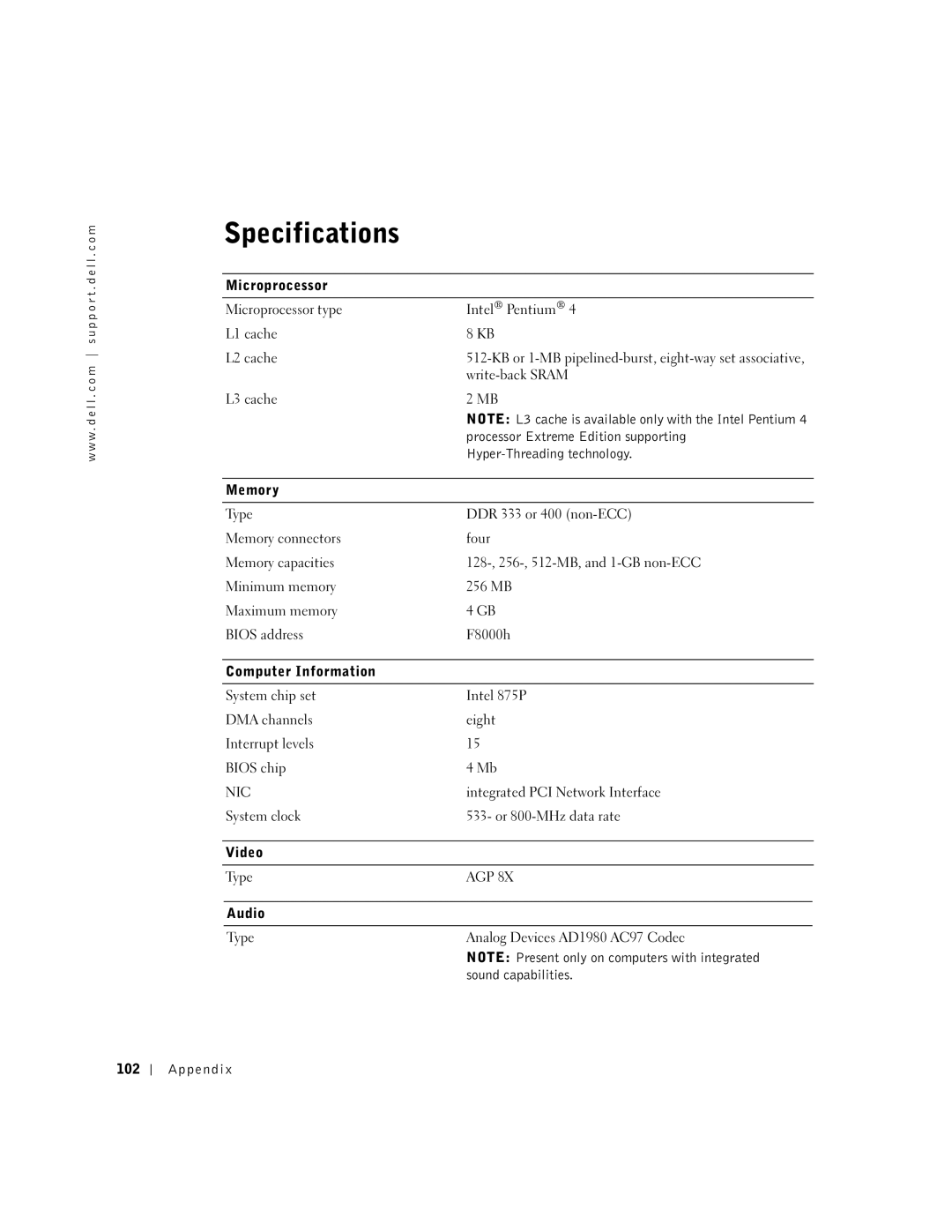 Dell 8300 Specifications, Write-back Sram, Integrated PCI Network Interface, System clock Or 800-MHz data rate Video Type 