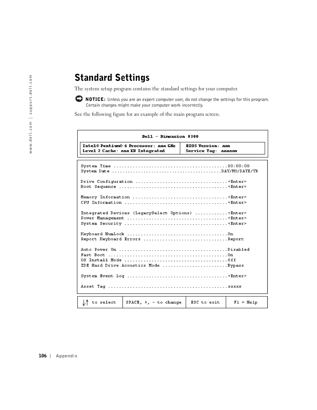 Dell 8300 manual Standard Settings, Appendix 