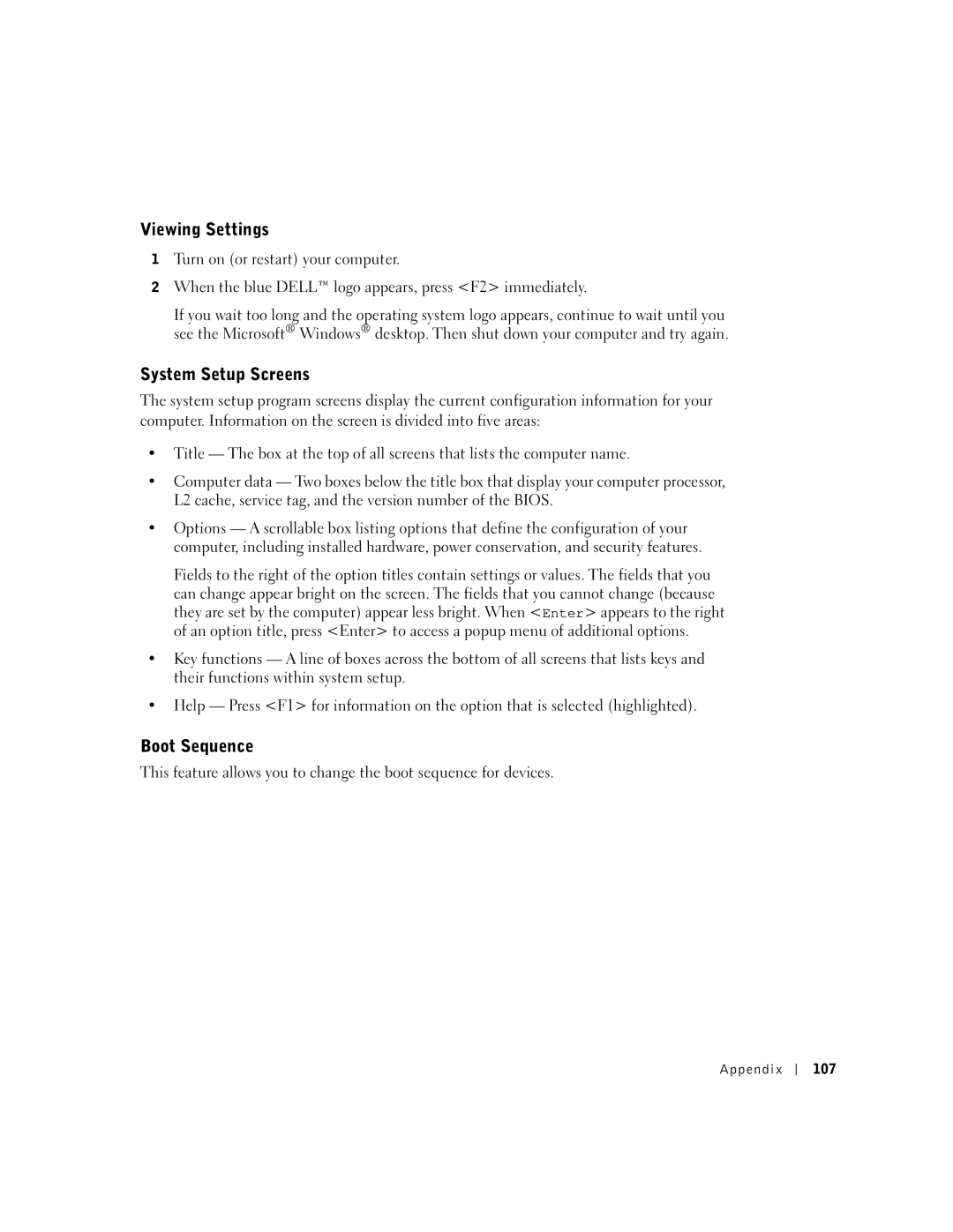 Dell 8300 manual Viewing Settings, System Setup Screens, Boot Sequence, Appendix 107 