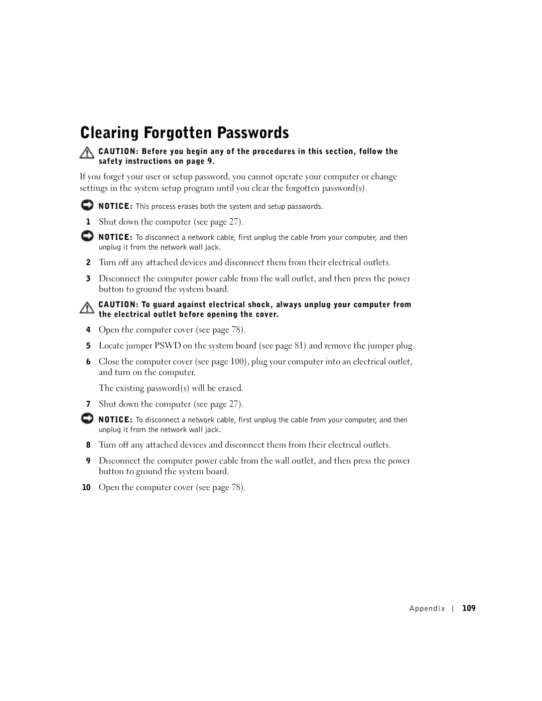 Dell 8300 manual Clearing Forgotten Passwords, Appendix 109 