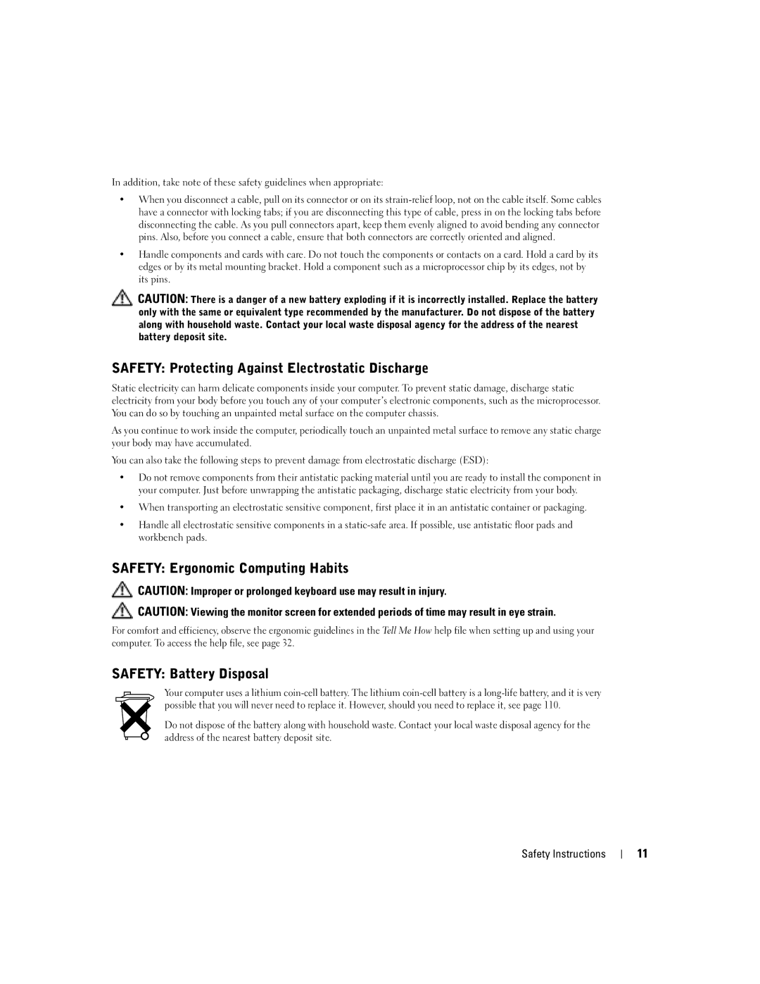 Dell 8300 Safety Protecting Against Electrostatic Discharge, Safety Ergonomic Computing Habits, Safety Battery Disposal 