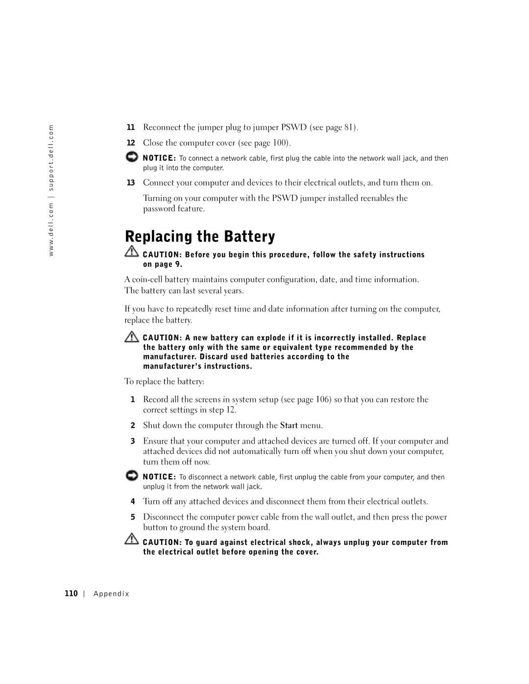 Dell 8300 manual Replacing the Battery, Appendix 